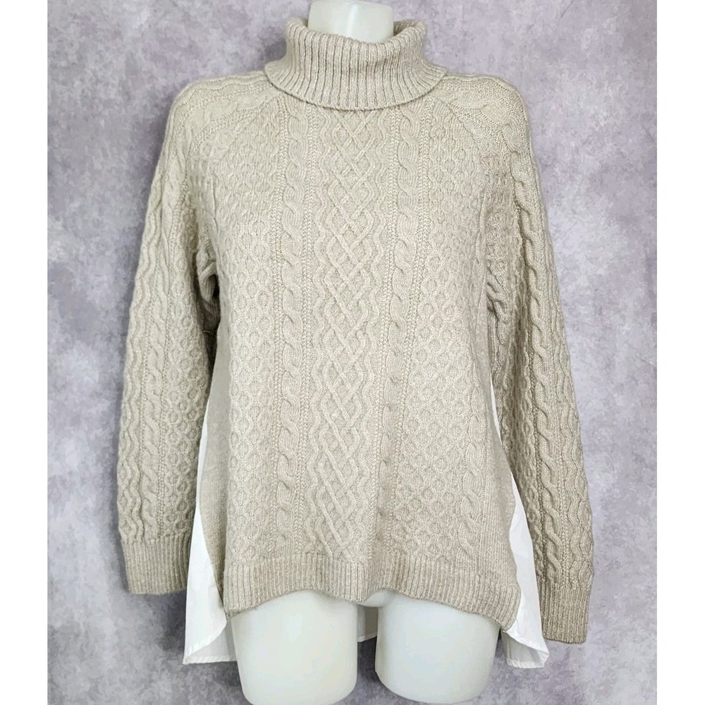 Anthropologie Twofer Turtleneck Cable Sweater‎ Top Womens Size Medium Tan White